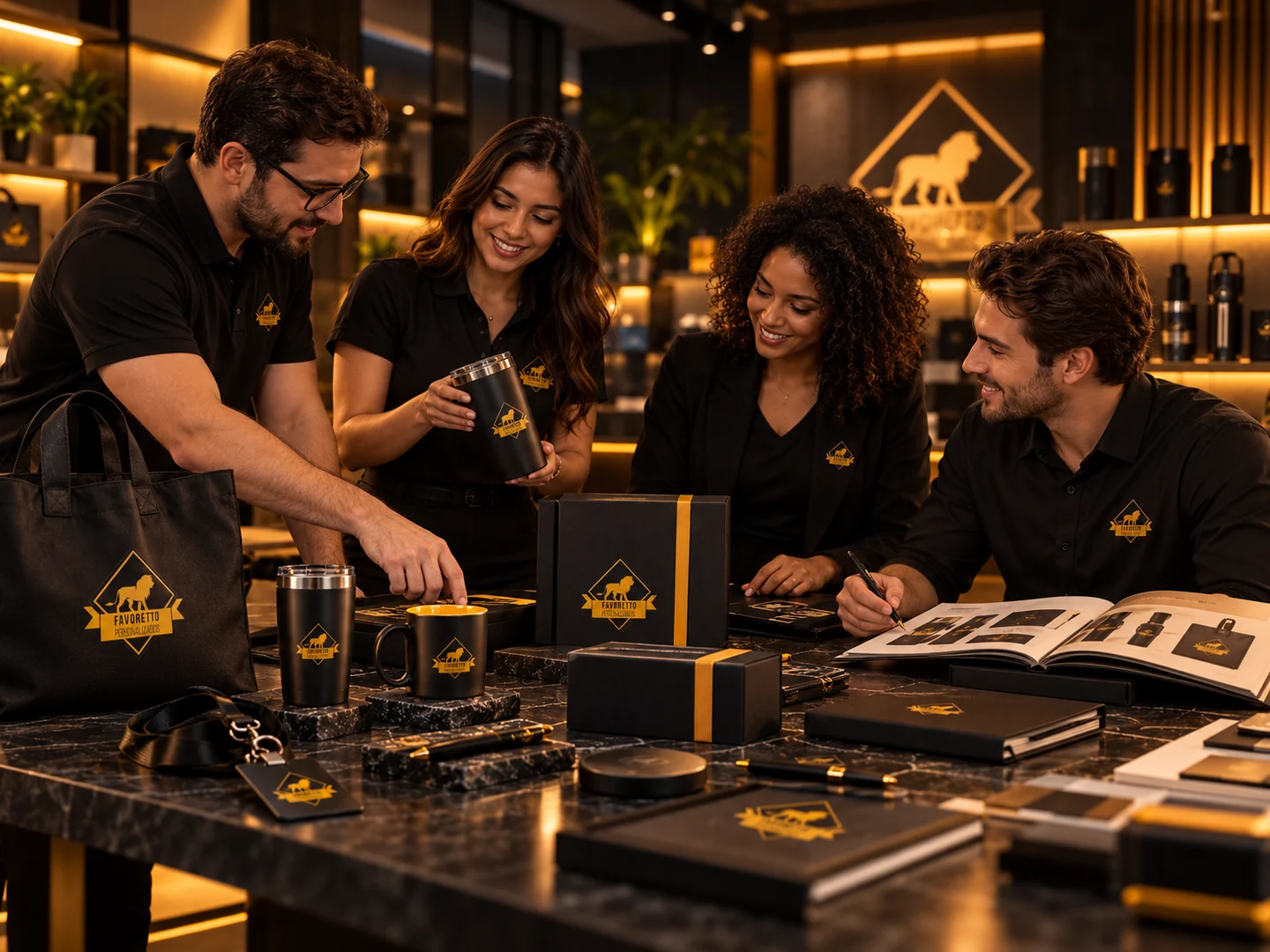 Equipe Favoretto apresentando brindes corporativos personalizados